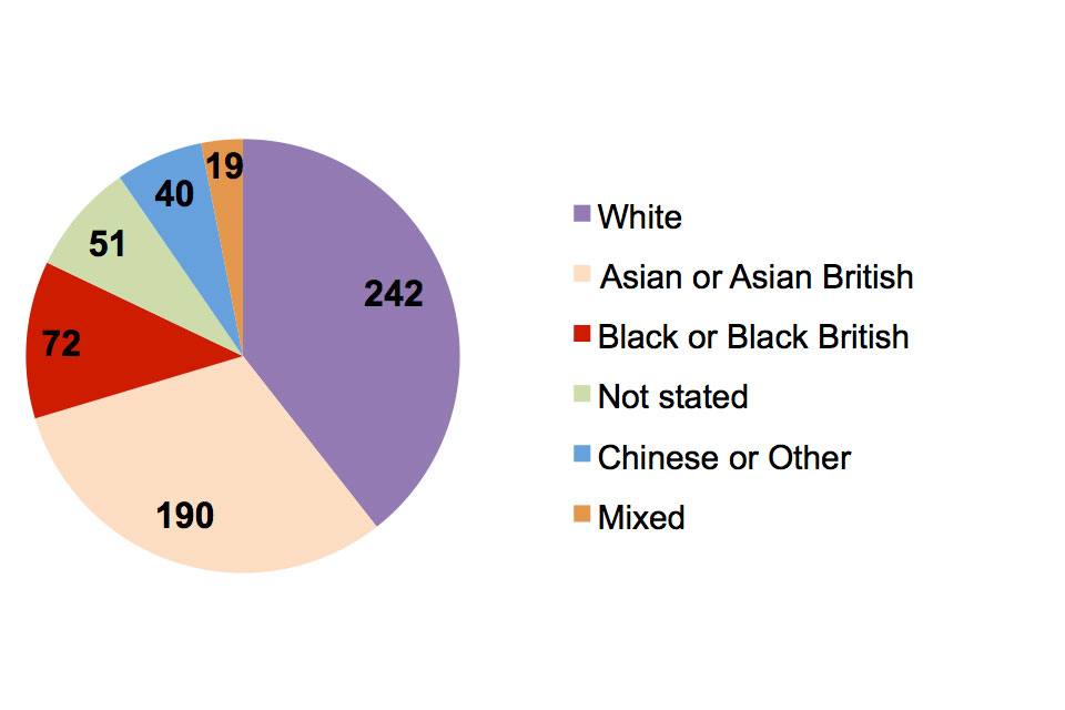 White 242, Asian or Asian British 190, Black or Black British 72, not stated 51, Chinese or other 40, Mixed 19.