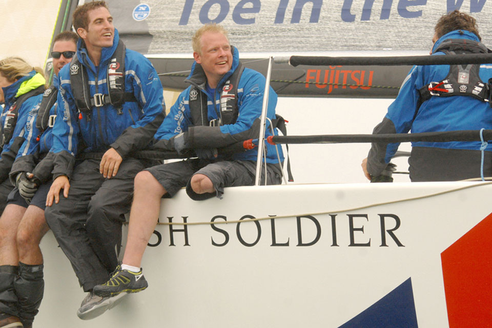 Private Dean Caudley (centre), who lost his left leg in a roadside bomb incident in Afghanistan, competing at Cowes Week aboard the Army Sailing Association yacht, 'British Soldier' 
