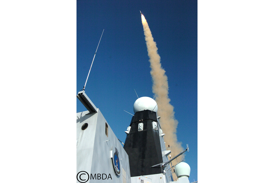 A Type 45 destroyer fires an Aster 30 missile