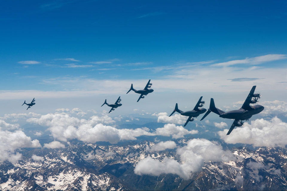 Five Airbus A400M test aircraft fly over Toulouse in south west France (stock image) 