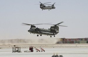 Chinook helicopters arriving at Camp Bastion to pick up underslung loads [Picture: Imperial War Museum]