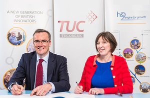 HS2 Ltd Chief Executive, Simon Kirby, and TUC General Secretary, Frances O’Grady, signing an initial framework agreement between High Speed Two Ltd and the Trades Union Congress (TUC)