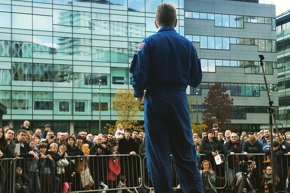 Tim addressing crowds in Media City, Salford.