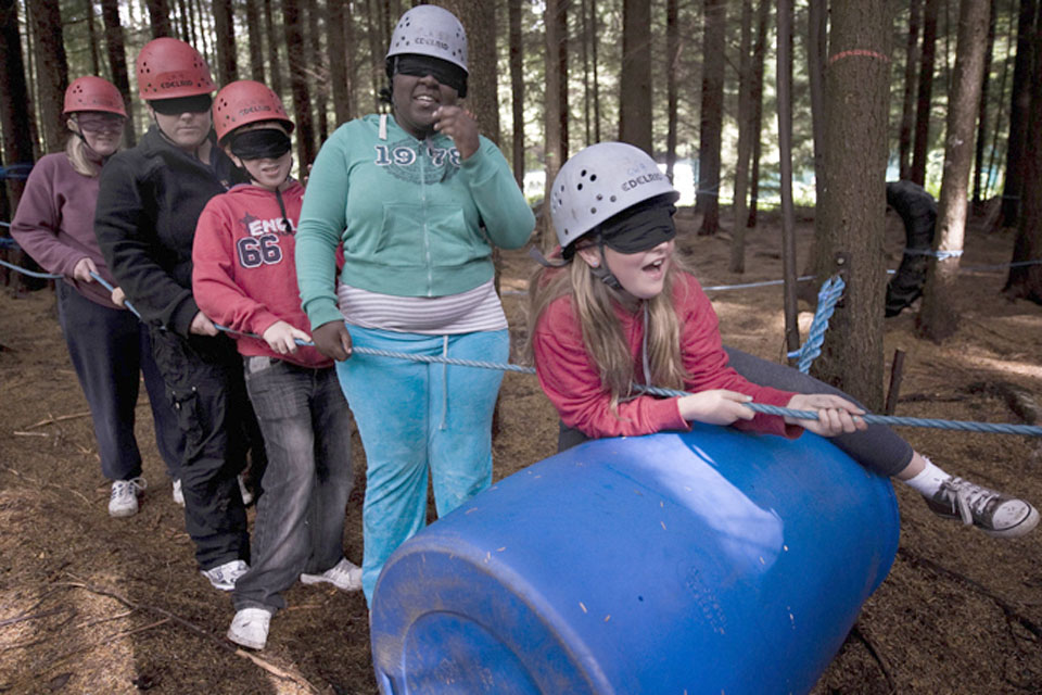 Children at the Ability Outdoors centre in Dalby Forest taking part in confidence and team-building activities 