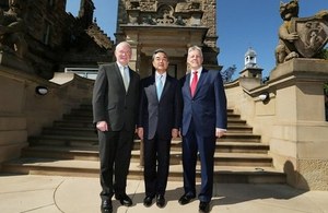 First Minister the Rt. Hon. Peter D Robinson (right), MLA and deputy First Minister Martin McGuinness (left), MLA met with the Chinese Foreign Minister, Wang Yi (middle) at Stormont Castle.