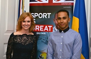 High Commissioner Victoria Dean welcoming Lewis Hamilton