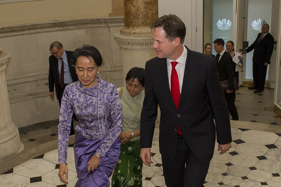 Deputy Prime Minister Nick Clegg greets Daw Aung San Suu Kyi 