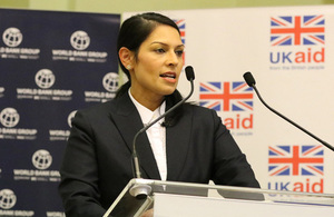 International Development Secretary Priti Patel speaks at the the “Transforming Investment Risk” event hosted together with the President of the World Bank Group, Jim Yong Kim.