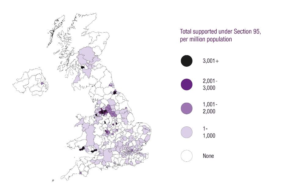 This map shows the number of asylum seekers in receipt of Section 95 support, by local authority, per million population, as at end of June 2016.