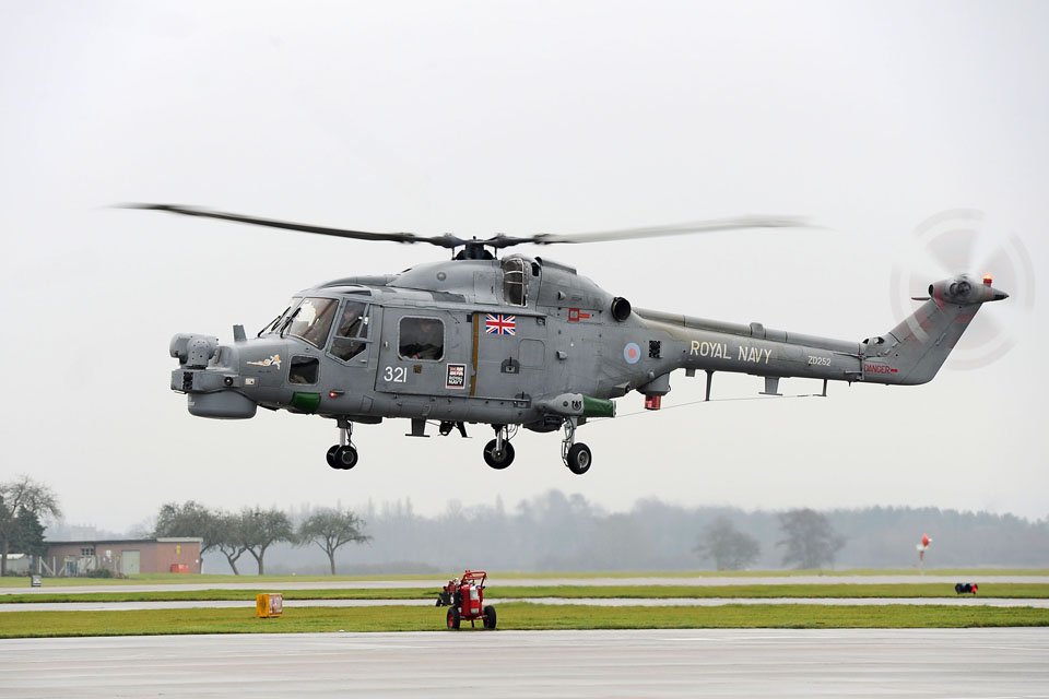 Royal Navy Lynx helicopter prepares to land