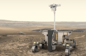 Artist's impression of the ExoMars rover and surface platform on the surface of Mars.