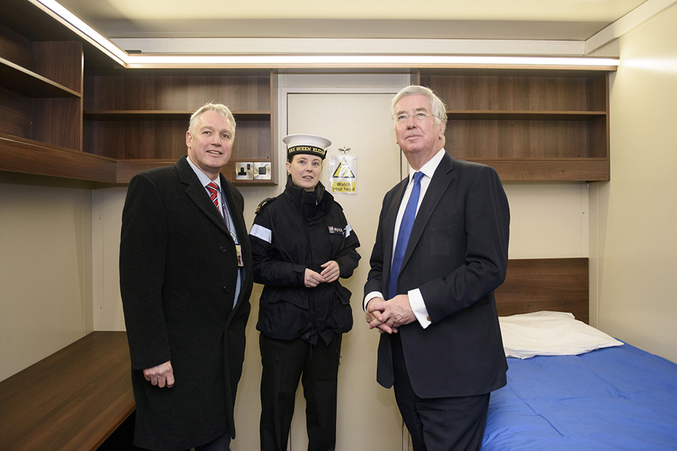 Defence Secretary Michael Fallon is greeted by DIO Head of Establishment Peter Bush at MOD Caledonia. Picture: Aircraft Carrier Alliance, John Linton 2015.