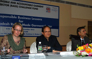 Bangladesh Bank Governor Dr Atiur Rehman and Vice President of the BGMEA Reaz Bin Mahmood joined DFID Bangladesh Country Representative Sarah Cooke at an event in Dhaka looking at how partnerships with buyers in the garment industry can help bring about m