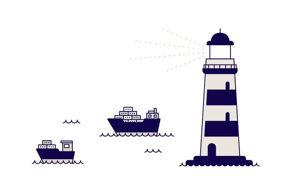 Graphic shows boats at sea and lighthouse