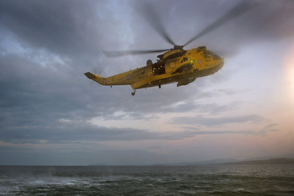 RAF Sea King helicopter over the sea