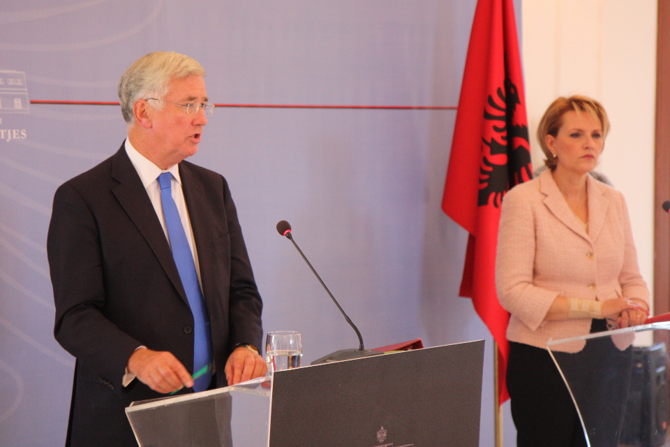 Defence Secretary Michael Fallon with Defence Minister Mimi Kodheli