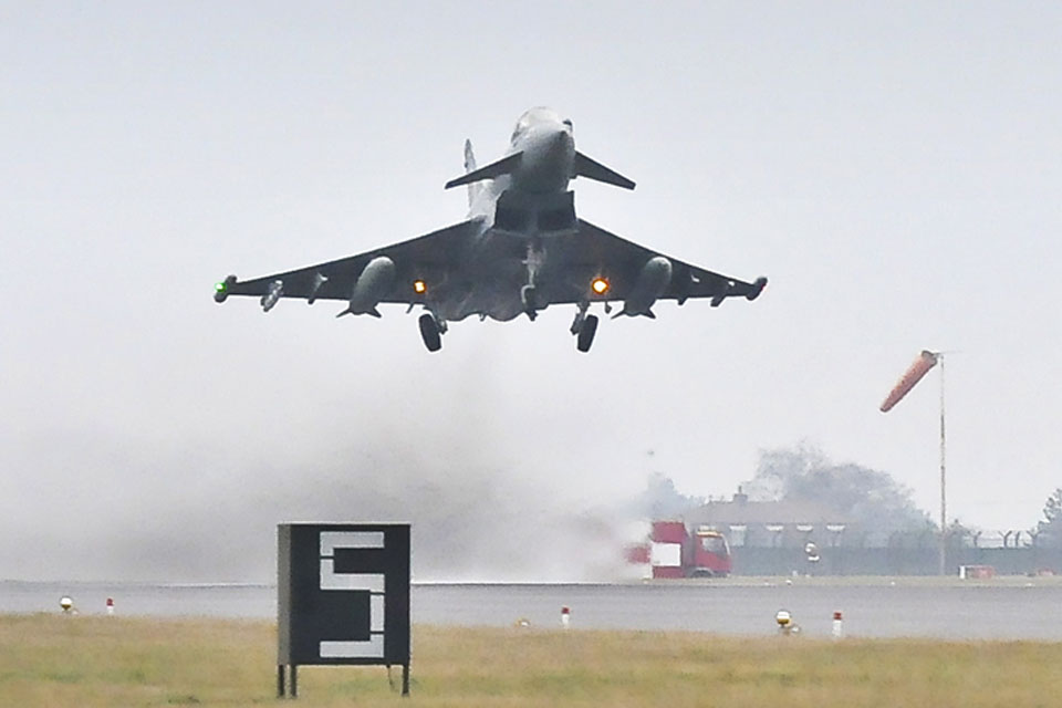 A 3 Squadron Typhoon aircraft takes off from RAF Coningsby during Exercise Taurus Mountain