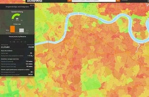 Screenshot showing colour-coded map areas in London