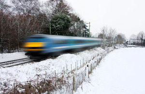 Train racing through the snow