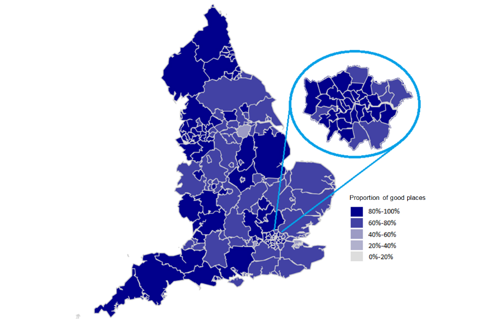 Map showing the percentage of places in primary schools which Ofsted has rated ‘good’ or ‘outstanding’, by local authority