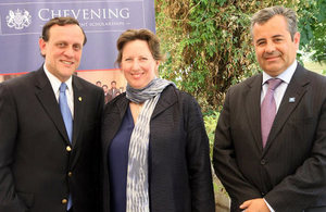 Ambassador Fiona Clouder with Dr. Ignacio Sánchez, president of Universidad Católica and Eduardo Lagos, co-chairman of the Chevening Scholars Alumni Association.