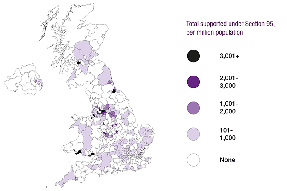 This map shows the number of asylum seekers in receipt of Section 95 support, by local authority, per million population, as at end of September 2015.