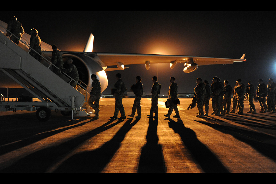 Homebound troops boarding the Voyager aircraft at Camp Bastion