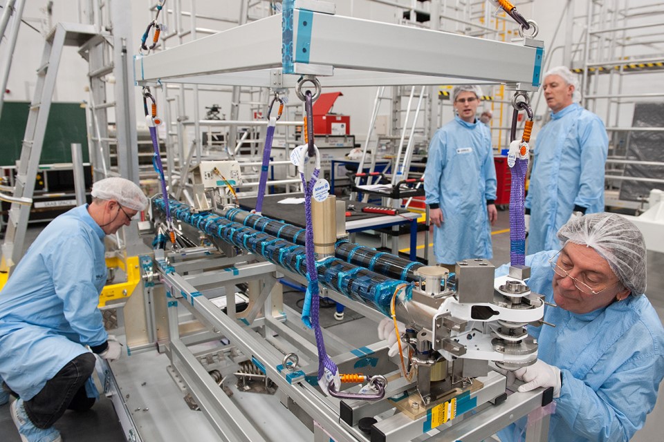 Solar Orbiter instrument boom for magnetic field and electron detection at Airbus Defence and Space.