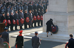 Her Majesty The Queen lays a wreath at the foot of the Cenotaph in London on Remembrance Sunday