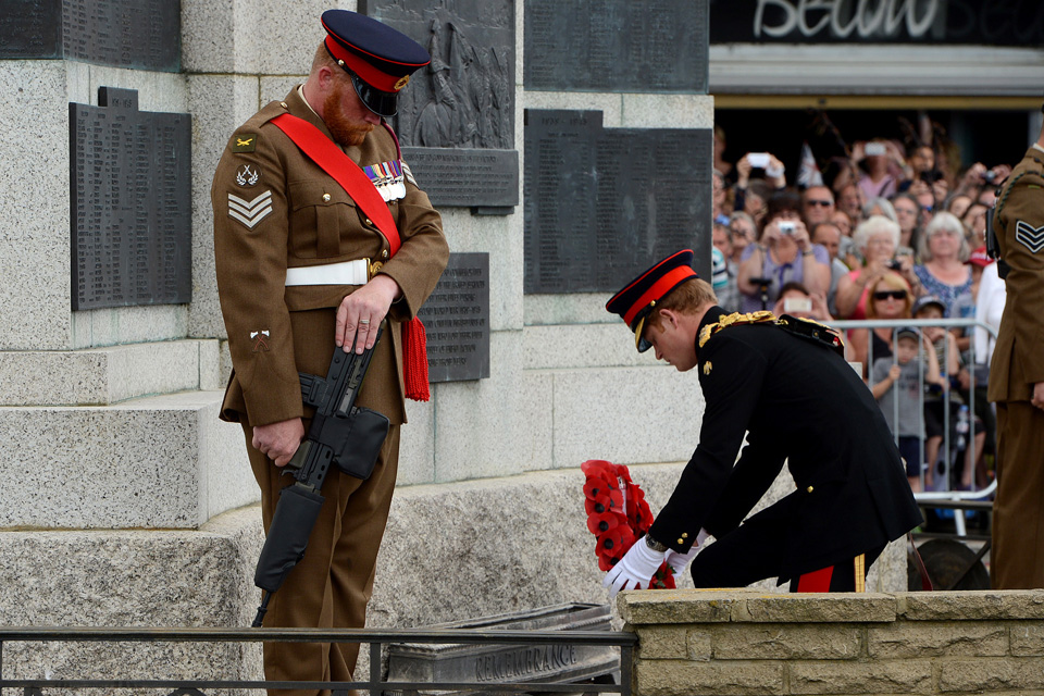Prince Harry laying a wreath at the war memorial in Folkestone