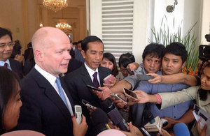 The Foreign Secretary talking to the media outside Jakarta City Hall