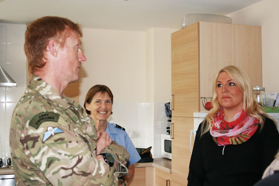 Major General Alastair Dickinson and Air Vice-Marshal Elaine West visit one of the new Service family homes opposite the barracks. Photo credit - Rhian Edwards, Crown Copyright MOD 2015