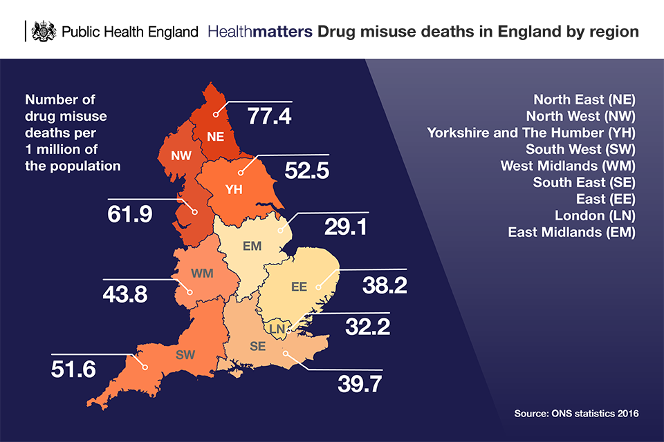 Infographic of drug misuse deaths in England by region