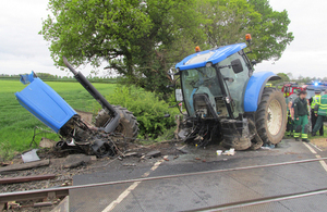 Damaged tractor at the crossing after the collision (courtesy of BTP)