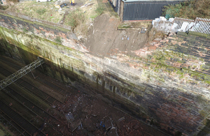 Aerial view of collapsed wall