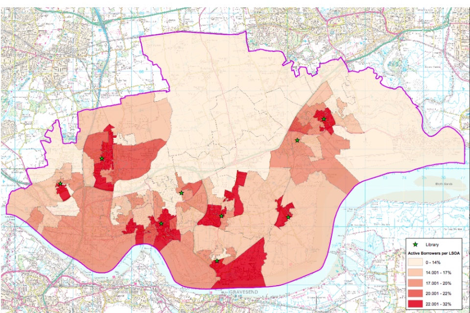 Map showing active library borrowers over the Lowest Super Output Area