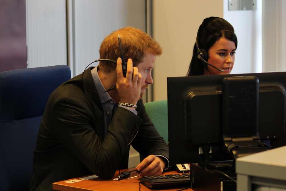 Prince Harry listens in to a Helpline call with Lyndsay Ethell, Crown Copyright, All Rights Reserved