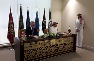 Sir Michael Fallon and his Qatari counterpart, Khalid bin Mohammed al Attiyah, signed a Statement of Intent today concerning Qatar's proposed purchase of 24 Typhoon aircraft. Crown copyright.