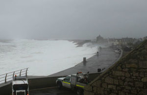 Large wave hitting Chesil Beach during storm in February 2014