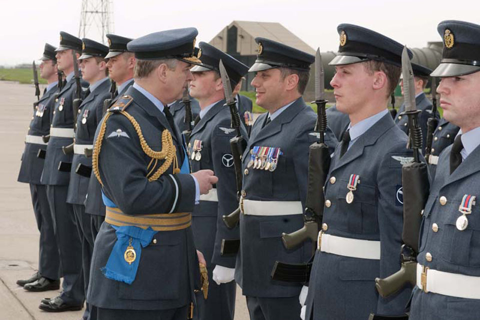 His Royal Highness The Duke of York, Honorary Air Commodore of RAF Lossiemouth, inspects airmen of 14 Squadron at RAF Lossiemouth 