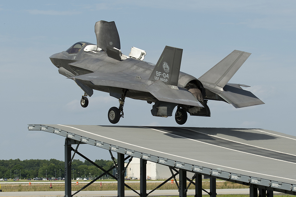 F35B jet begins first ski jump launch and weapons testing