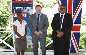 His Excellency Roderick Drummond with 2013-14 Chevening scholars, Janice Mose of the Solomon Islands and Poasa Werekoro of Fiji