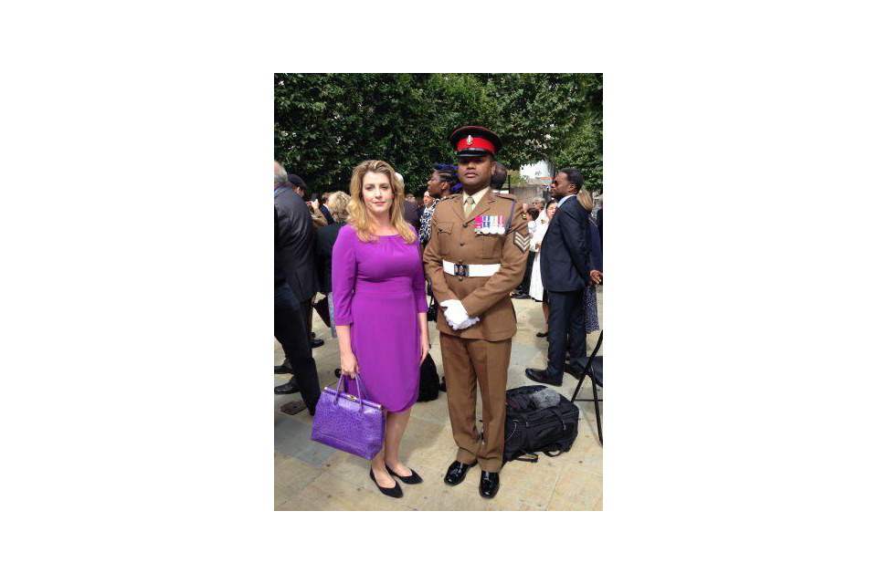 Sergeant Johnson Beharry VC with Penny Mordaunt at ceremony at Brent