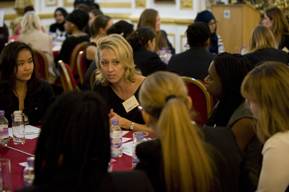 Carrie Longton talking to young women at the launch event