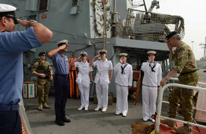 Commodore Simon Ancona, United Kingdom Maritime Component Commander, arrives onboard HMS Northumberland in Bahrain [Picture: Leading Airman (Photographer) Maxine Davies, Crown copyright]
