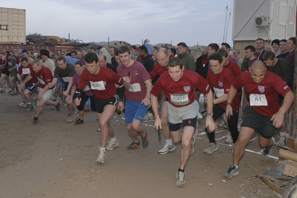 The start of the half-marathon relay race at Headquarters Task Force Helmand in Lashkar Gah