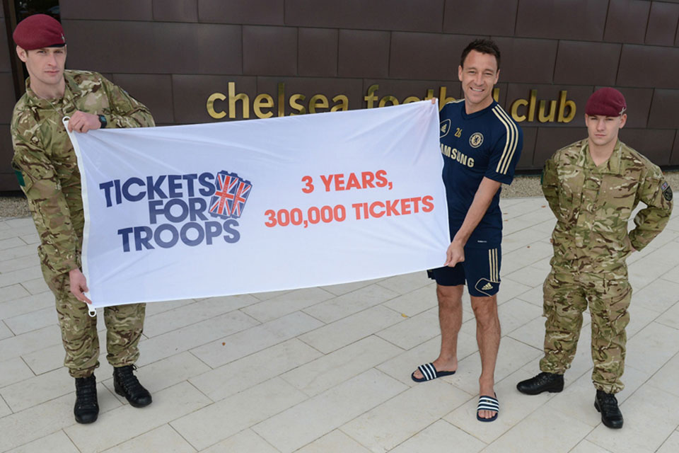 John Terry joins British soldiers to celebrate the issue of the 300,000th ticket by Tickets for Troops 