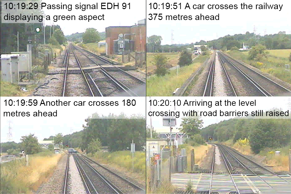 Four stills taken from the forward facing CCTV of the train as it approaches the level crossing with the barriers still raised (images courtesy of Southeastern)