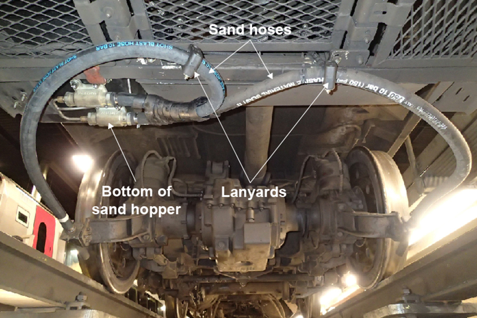 Underside of class 220 vehicle showing the location of the sanding equipment with the sand hopper, the sand hoses and the lanyards holding the hoses in position