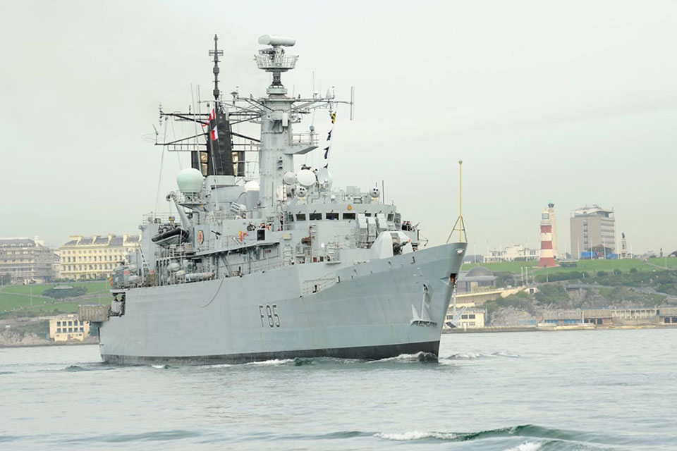 HMS Cumberland passes Plymouth Hoe on her way out of Devonport Naval Base
